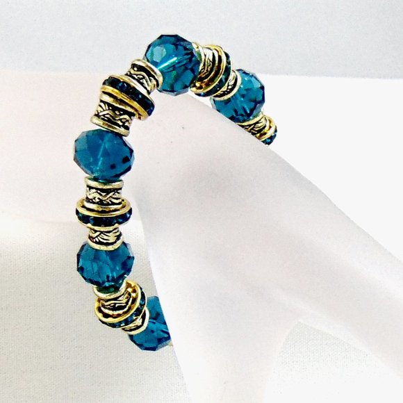 Peacock Blue Large Crystal Chunky Bracelet Stretch - Picture 3 of 4